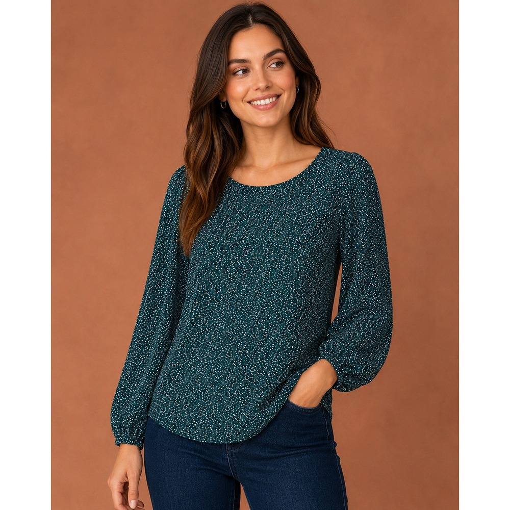 Adrianna Papell Teal White Micro Print Keyhole Back Blouse Long Sleeve Top L